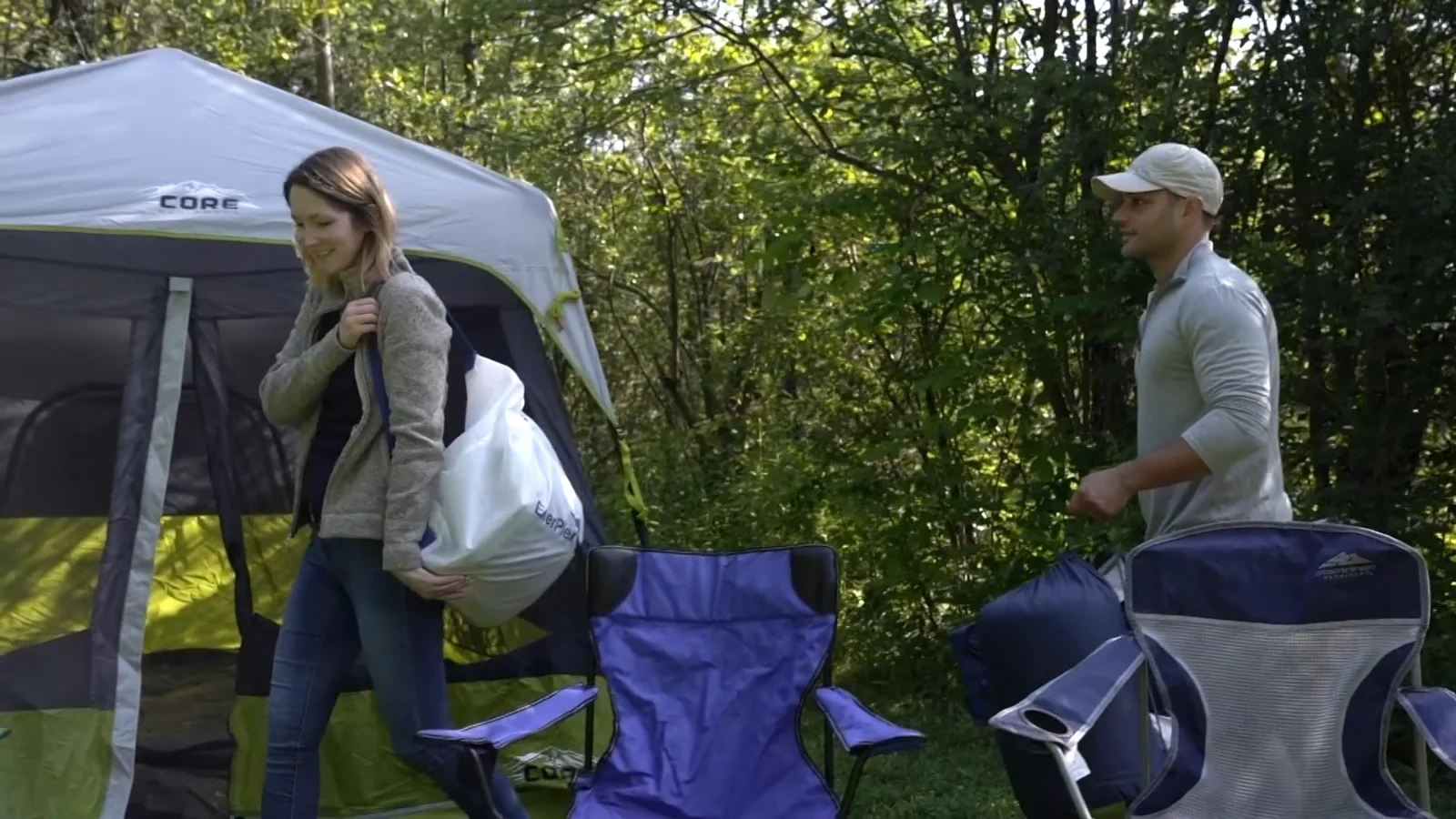 The car adapter in the kit means the tent site does not need an outlet.
